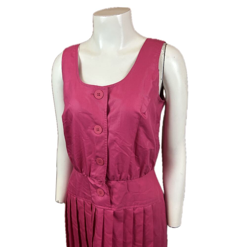 Vintage 1980s Bright Pink Pleated Dress Sleeveless Button Front / small